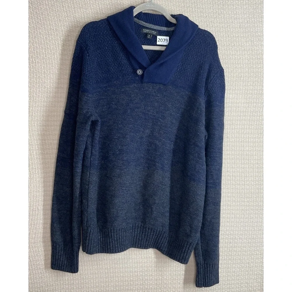 Banana Republic Sweater Men XL Navy Blue Merino Wool Blend Shawl Collar Menscorp